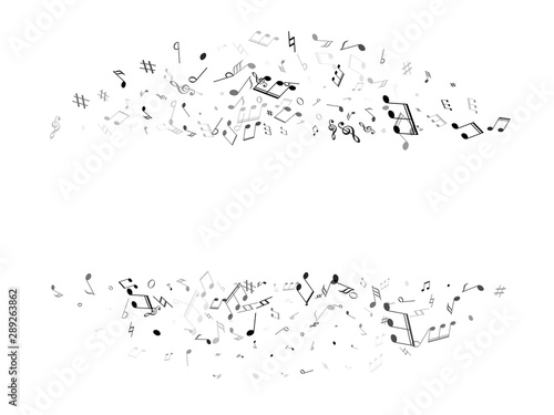 Musical notes, treble clef, flat and sharp symbols flying vector design. Notation melody record signs. Party banner background. Black melody sound notes.