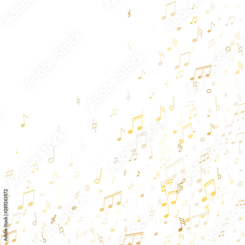Music notes symbols flying vector illustration. Notation melody record classic elements. Song festival background. Gold metallic sound recording notes.