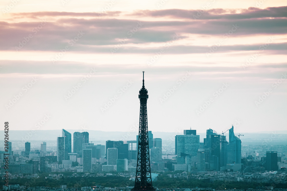 PARIS, FRANCE - MAY 6, 2018: Aerial view of Eiffel tower and Paris illuminated by night, Paris, France