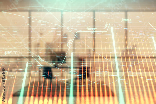 Business theme graph hologram with minimalistic cabinet interior background. Double exposure. Stock market concept.