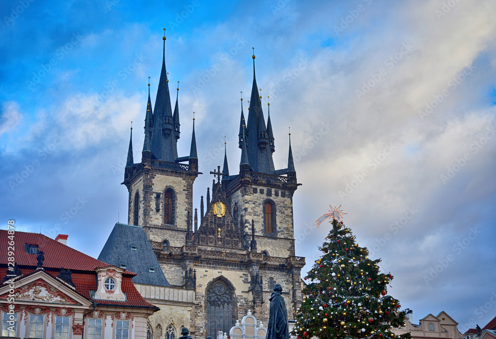 Prague, Czech Republic, old market square with church towers and christmas tree