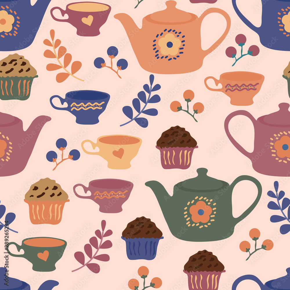 seamless repeat pattern with tea pots and cupcakes