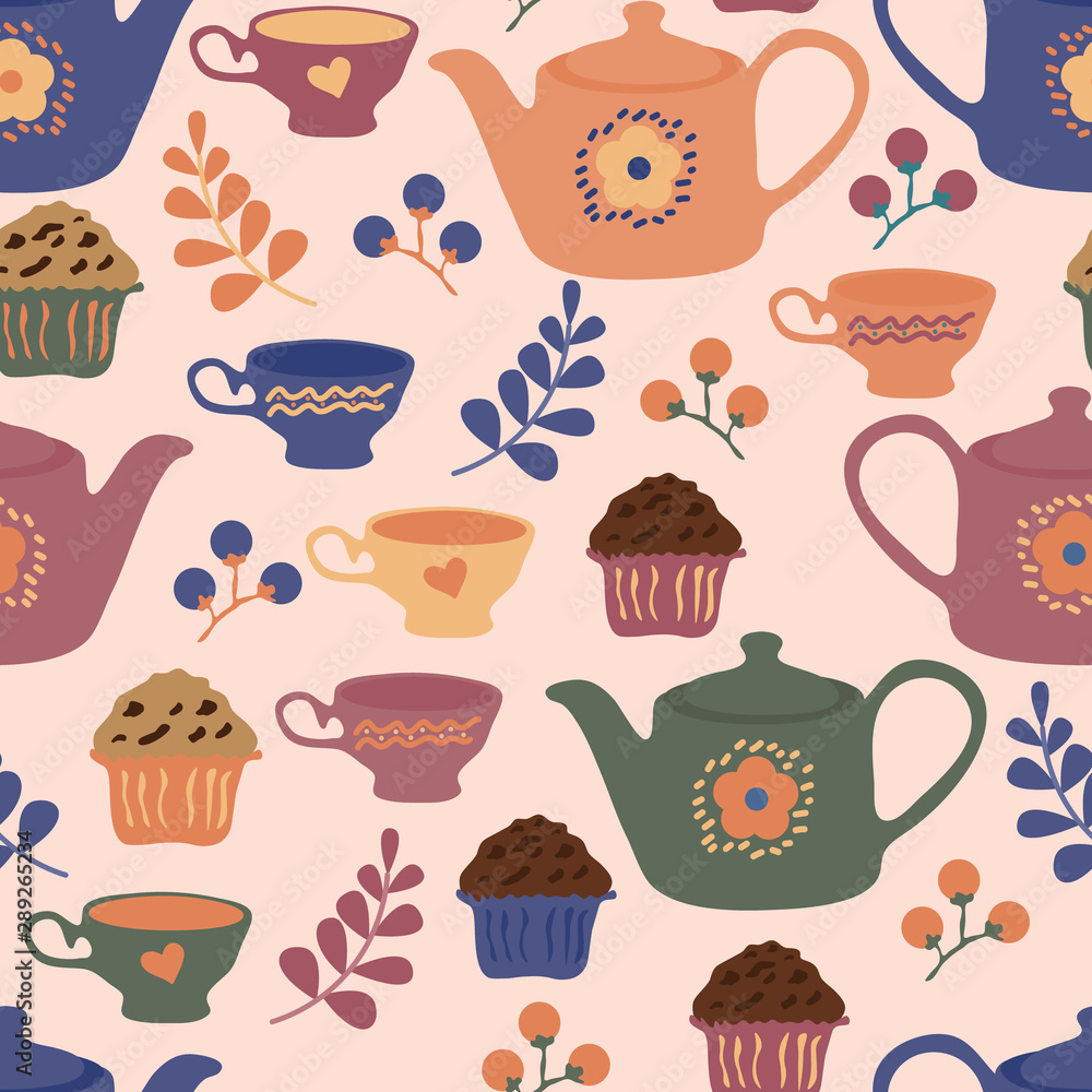 seamless repeat pattern with tea pots and cupcakes seamless repeat pattern with tea pots and cupcakes