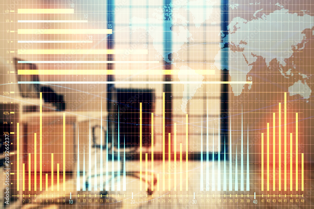 Forex chart hologram with map and minimalistic cabinet interior background. Double exposure. International business concept. Forex chart hologram with map and minimalistic cabinet interior background. Double exposure. International business concept.