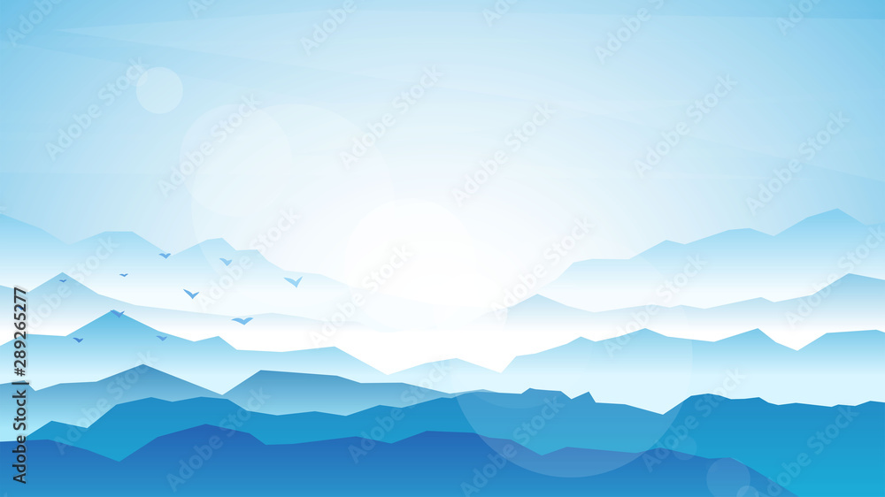 Vector realistic background. Minimalistic landscape with mountain. Blue panoramic banner. Fog in the mountains. Polygonal wallpapers. Misty morning. Sun glare effect. Blinding day. Clear sky