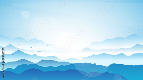 Vector realistic background. Minimalistic landscape with mountain. Blue panoramic banner. Fog in the mountains. Polygonal wallpapers. Misty morning. Sun glare effect. Blinding day. Clear sky