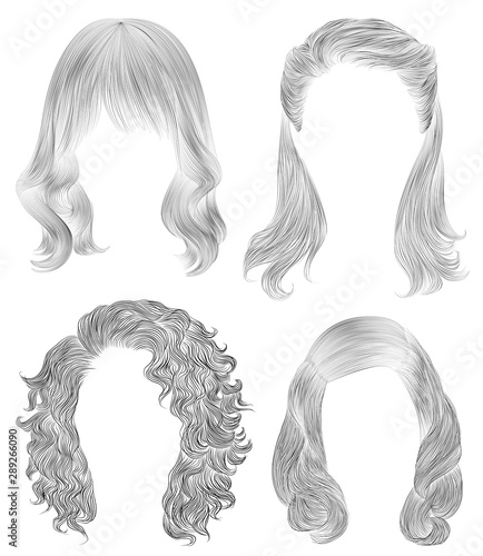 set long woman hairs  . black  pencil drawing sketch . women fashion beauty style. fringe curls cascade.