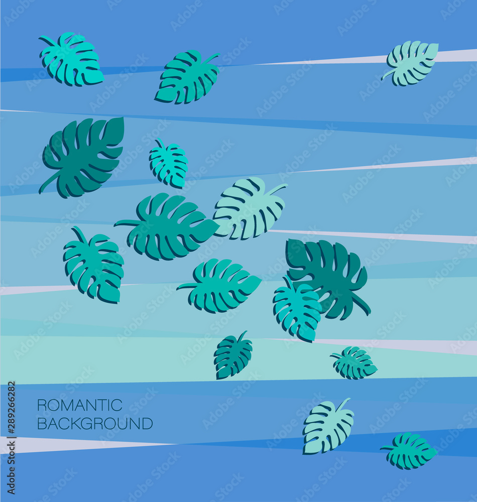 Romantic background with tropical leaves. Tropical leaves motifs for  aromatherapy, fashion, tourist agency, summer party, interior design. Vector botanical graphic elements.