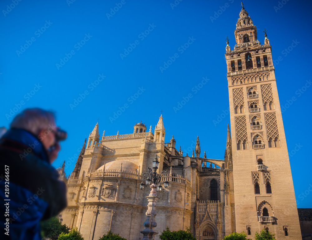 Fototapeta premium Giralda is the name given to the bell tower of the Cathedral of Santa Maria de la Sede of the city of Seville, in Andalusia, Spain.