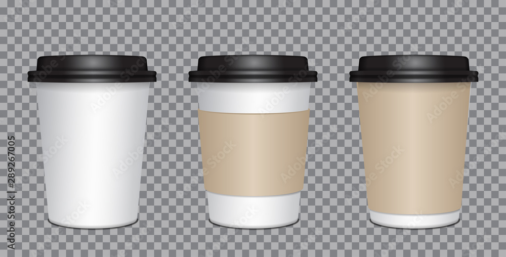 Realistic blank mock up paper cups set with black plastic lid. Coffee to go, take out mug Realistic blank mock up paper cups set with black plastic lid. Coffee to go, take out mug
