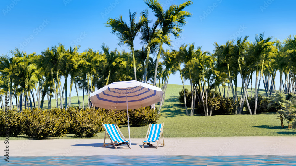 Beach chair at sunny coast. Seychelles 3d rendering