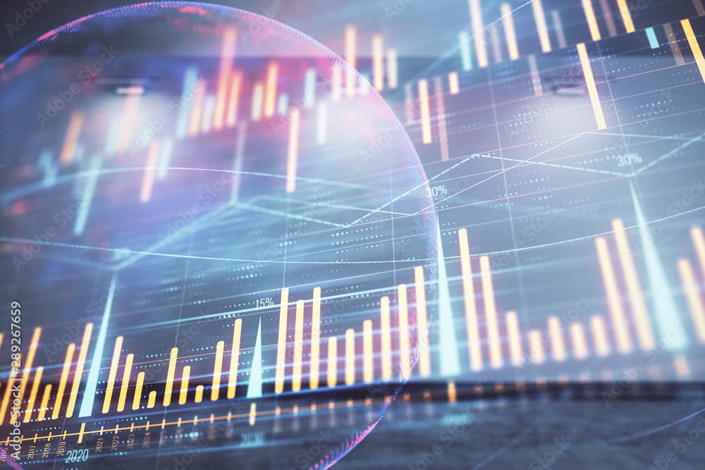 Double exposure of financial chart with world map on empty room interior background. International market concept. Double exposure of financial chart with world map on empty room interior background. International market concept.