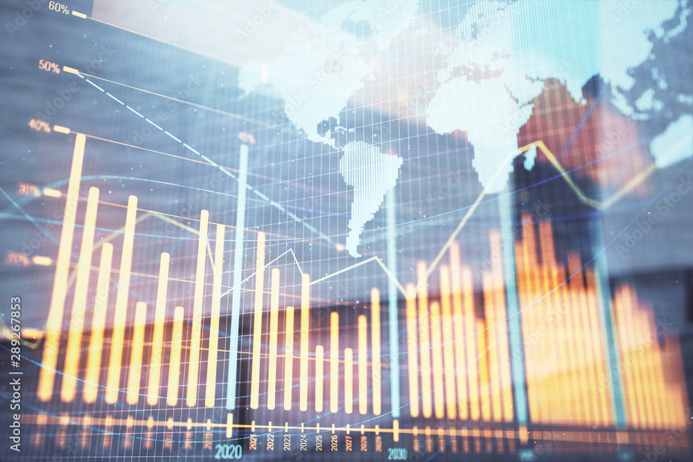 Double exposure of stock market graph and globe hologram on empty exterior background. Concept of analysis Double exposure of stock market graph and globe hologram on empty exterior background. Concept of analysis