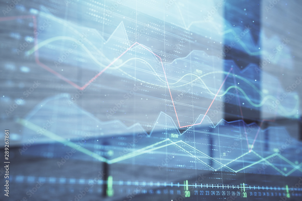 Double exposure of stock market graph on empty exterior background. Concept of analysis Double exposure of stock market graph on empty exterior background. Concept of analysis