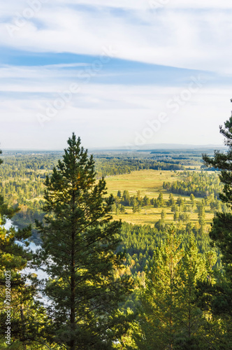 Autumn landscape of a river valley. Vertical photo. Bird s-eye view. Russia  Eastern Siberia.
