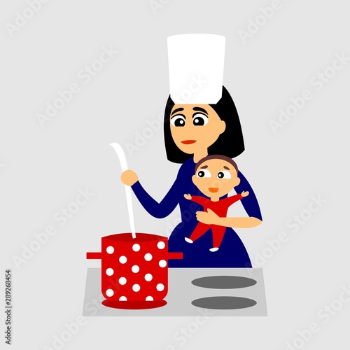 A woman with a baby in her arms stands next to the stove and cooks. Vector color graphic illustration.