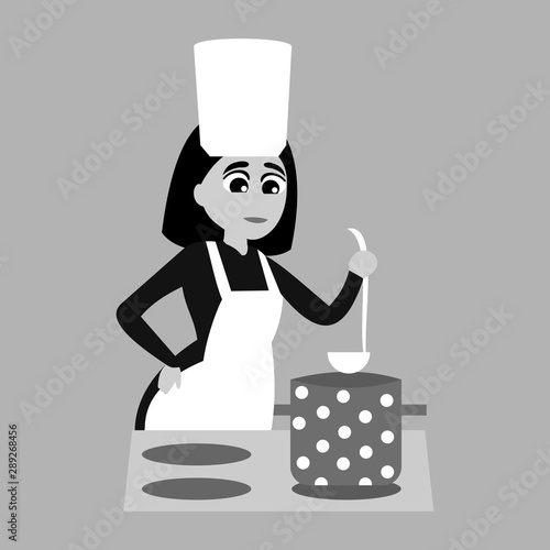 Woman standing by the stove and cooking. Vector grey scale graphic illustration.