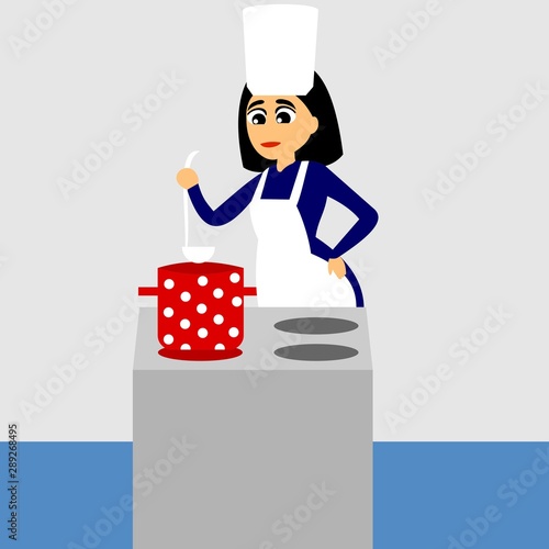 Woman standing by the stove and cooking. Vector color graphic illustration.