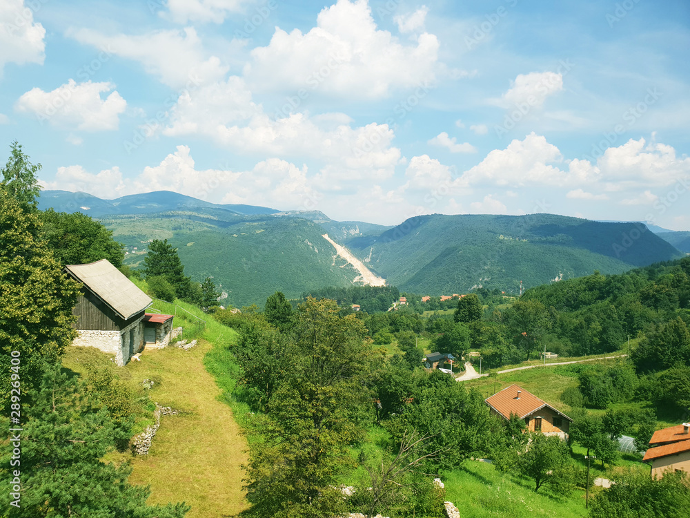 Fototapeta premium Sarajevo Mountain Village Cable Car View Riding Over City