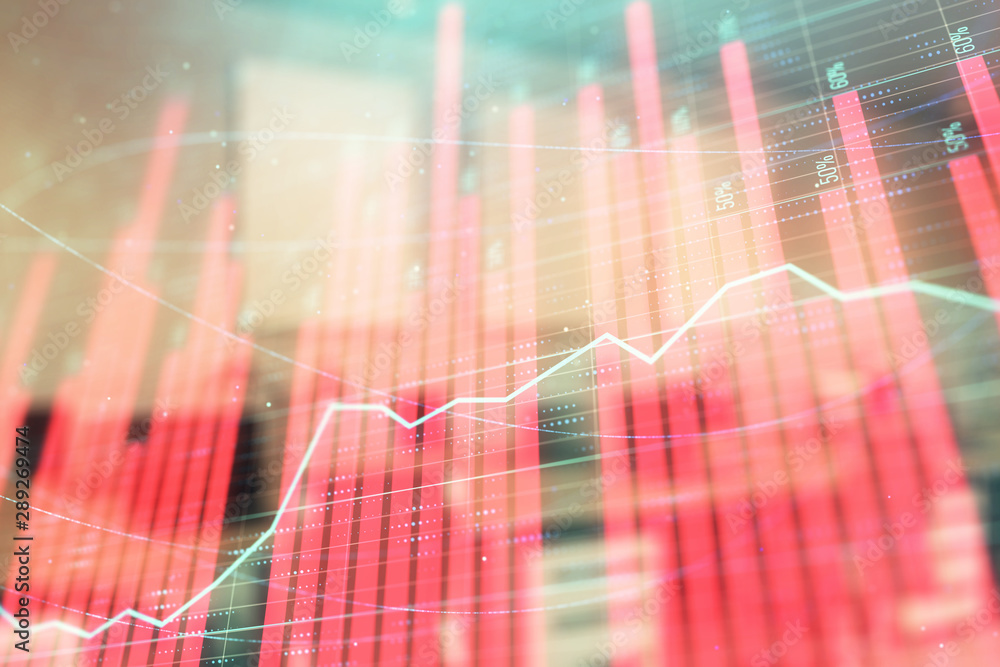 Stock market chart with trading desk bank office interior on background. Double exposure. Concept of financial analysis Stock market chart with trading desk bank office interior on background. Double exposure. Concept of financial analysis