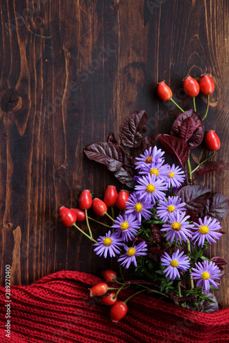 Autumn flowers on wood background