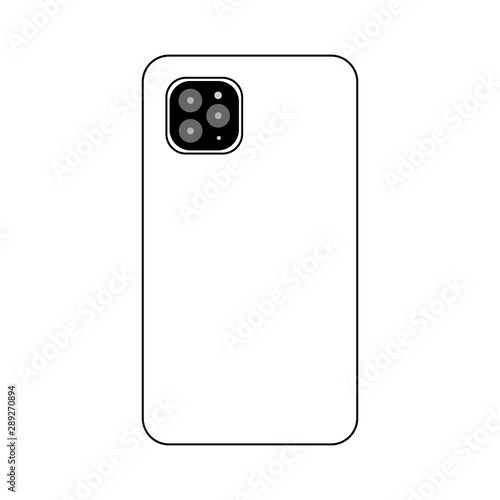 Rear view of a new modern triple camera phone. Three multifunction cameras on white back of phone. Abstract circles on a square rounded tablet. Vector illustration.