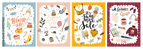 Four Seasons background. Cute banners with Winter, Spring, Summer, Autumn elements and lettering. Vector cartoon illustration. New Year holiday, gardening, flowers, ice cream, cozy sweaters, candle.