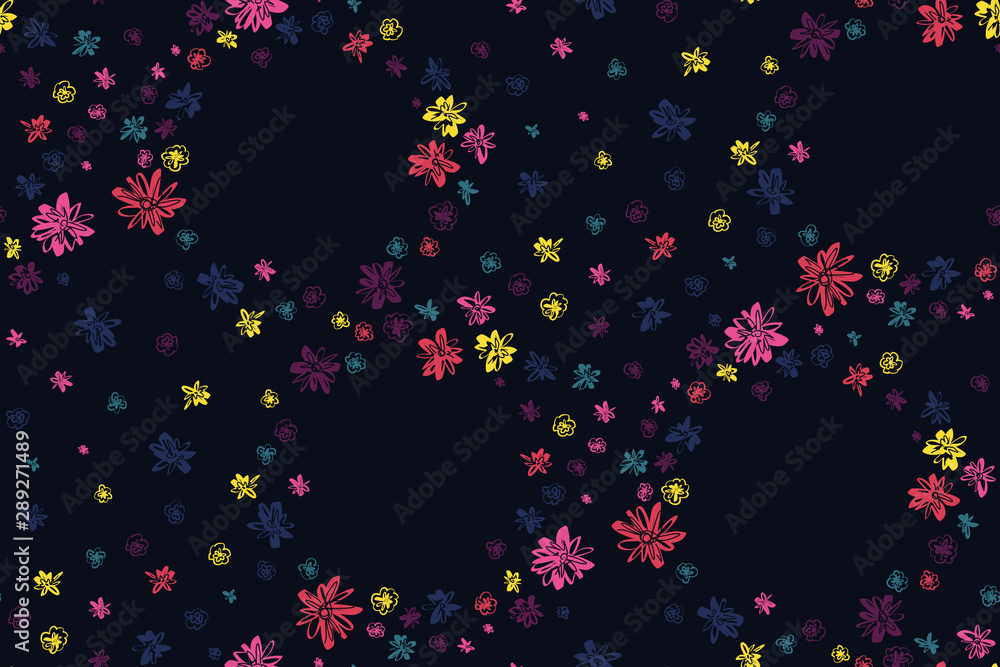 Floral seamless background. Colorful pattern in small-scale flowers. Fabric swatch, wrapping, textile print, web.