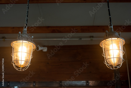 Many different vintage light bulbs hanging from ceiling, coffee shop interior