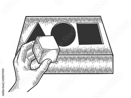 Intelligence test sketch engraving vector illustration. Hand inserts figure into triangle circle square hole. Scratch board style imitation. Black and white hand drawn image.
