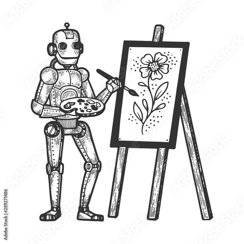 Robot artist painter sketch engraving vector illustration. Tee shirt apparel print design. Scratch board style imitation. Black and white hand drawn image.
