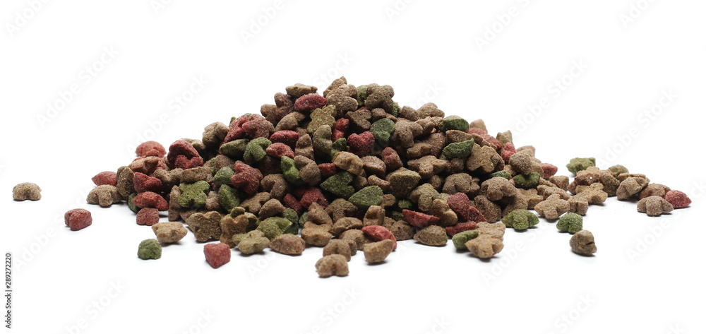 Pet food, granules in metal bucket isolated on white background Pet food, granules in metal bucket isolated on white background