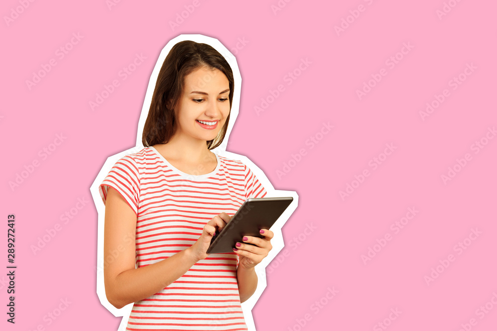 Tablet computer. Smiling Woman using digital tablet. emotional girl Magazine collage style with trendy color