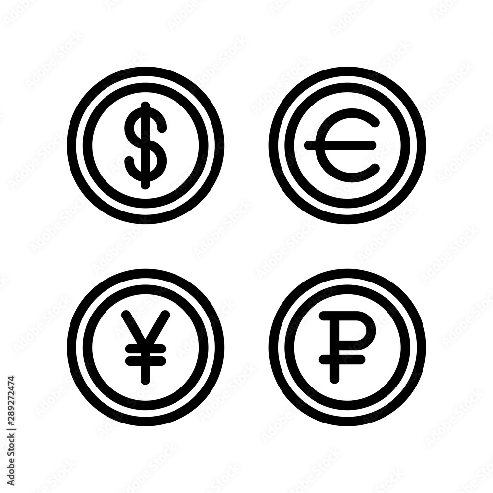 Dollar euro yen yuan ruble symbol currency money simple flat style icon Dollar euro yen yuan ruble symbol currency money simple flat style icon