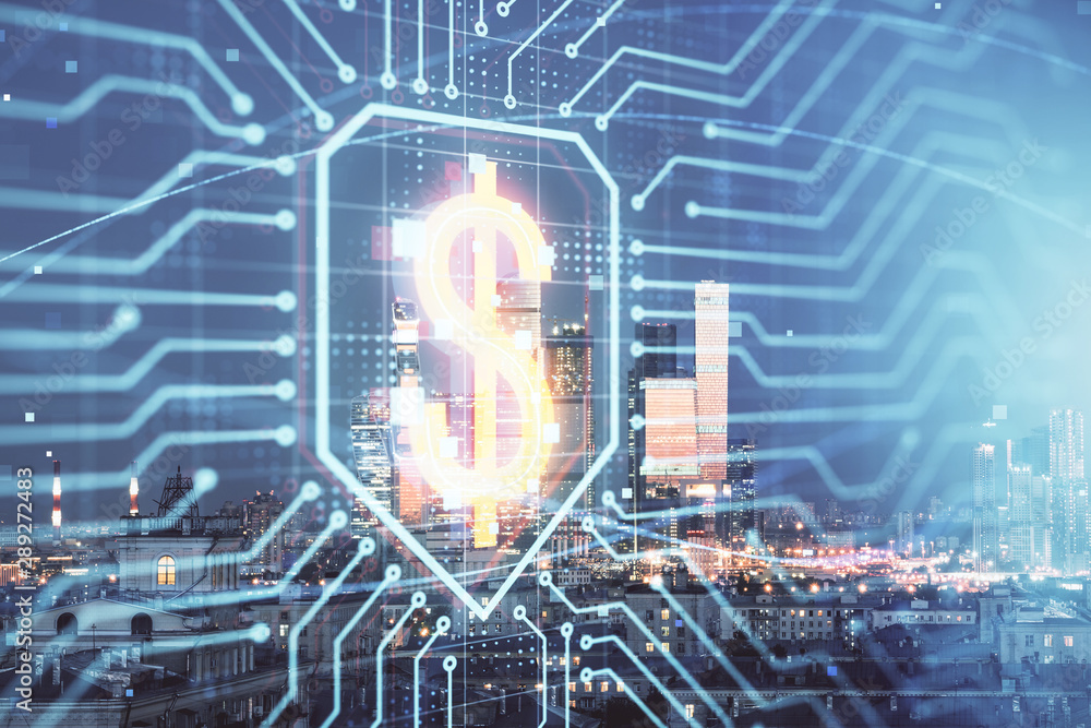 Fototapeta premium Double exposure of business drawing hologram on cityscape background.