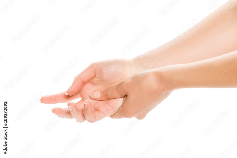 woman applying cream on her hand and massaging. Isolated on white, close up.