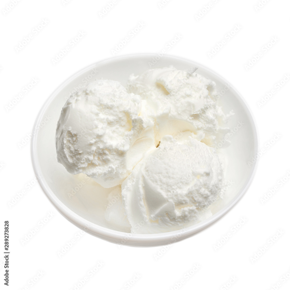 white bowl with white ice cream isolated on a white background. top view