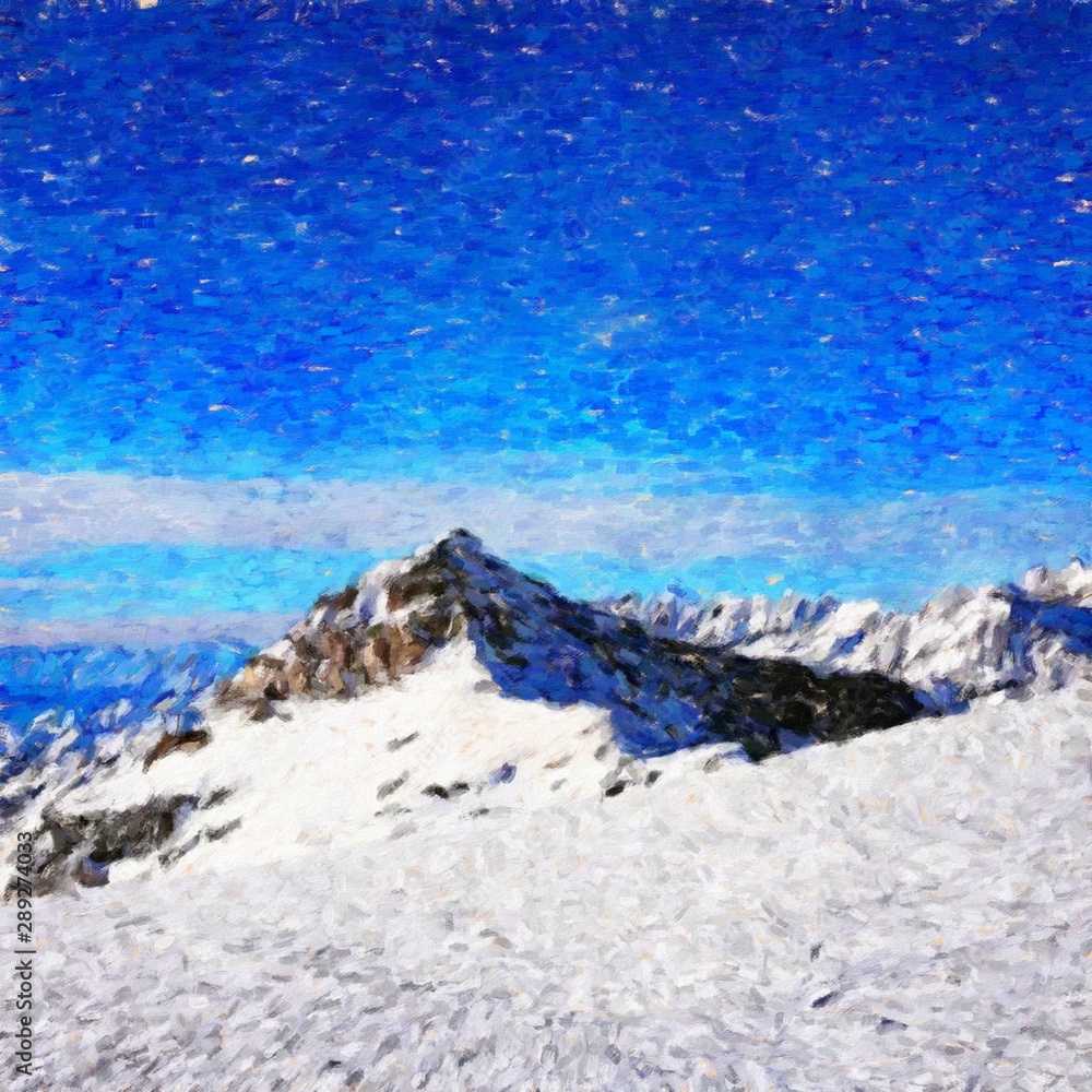 Digital mountains view oil painting with real brush strokes effect. Contemporary impressionism mixed style wall art print. Power of nature scene. Vacation postcards and prints design. Beauty artwork. Digital mountains view oil painting with real brush strokes effect. Contemporary impressionism mixed style wall art print. Power of nature scene. Vacation postcards and prints design. Beauty artwork.