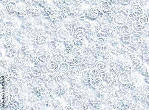 White snow flakes and other christmas symbols chaotic order on white background with 3d effect repeatable pattern