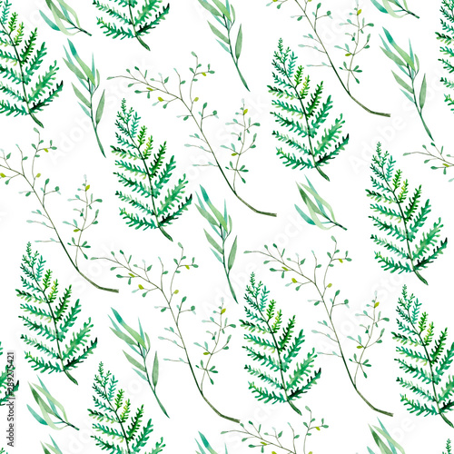 Seamless pattern with watercolor hand painted leaves foliage inspired by garden greenery and plants. Hand painted foliage background for fabric textile or wallpaper.