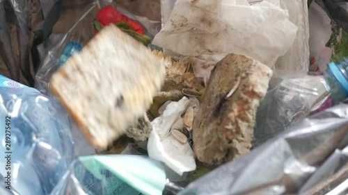 throwing moldy bread in the trash can, slow motion