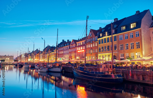 Cityscape at night. Main tourist spot in Copenhagen.