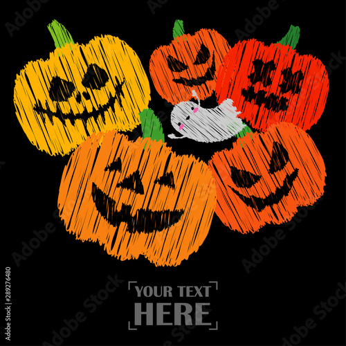 Happy Halloween Card! Pumpkins and Kawaii ghosts. Halloween pumpkins smile. Doodle and  brushwork. Can be used for wallpaper, textile, invitation card, wrapping, web page background.