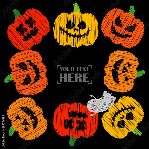 Happy Halloween Card! Pumpkins and Kawaii ghosts. Halloween pumpkins smile. Doodle and  brushwork. Can be used for wallpaper, textile, invitation card, wrapping, web page background.