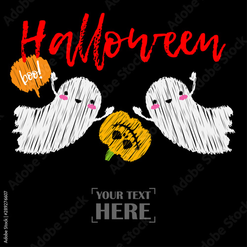 Happy Halloween Card! Pumpkins and Kawaii ghosts. Halloween pumpkins smile. Doodle and  brushwork. Can be used for wallpaper, textile, invitation card, wrapping, web page background.