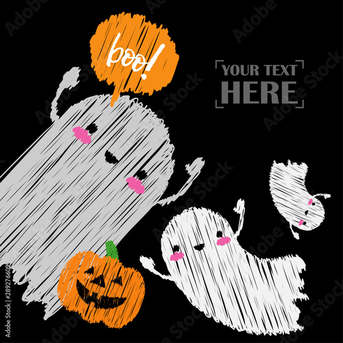 Happy Halloween Card! Pumpkins and Kawaii ghosts. Halloween pumpkins smile. Doodle and  brushwork. Can be used for wallpaper, textile, invitation card, wrapping, web page background.
