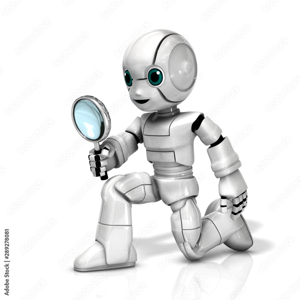 3d robot with magnifying glass 3d robot with magnifying glass