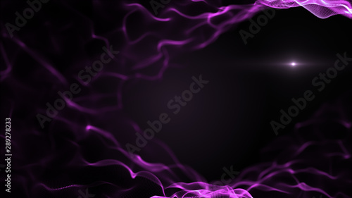 Abstract fluid, liquid background. Bright violet, purple shapes on black backdrop. Light blurred white blick is inside the waves.