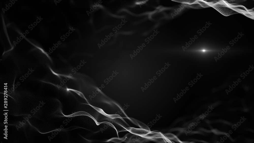 Abstract fluid, liquit background. Crystal white shapes on black backdrop. Light blurred white blick is inside the waves.
