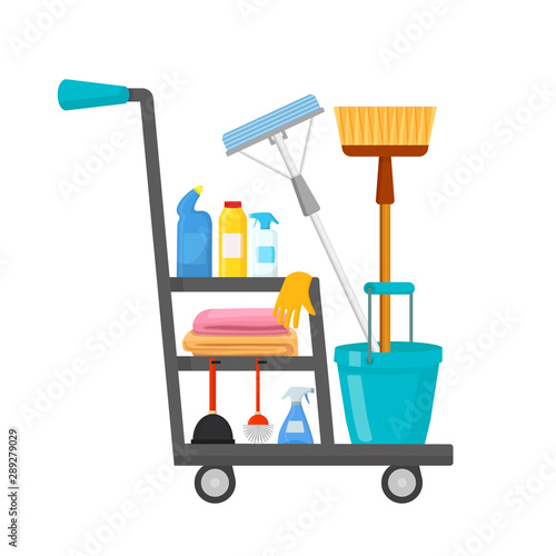 Cleaning trolley flat vector illustration
